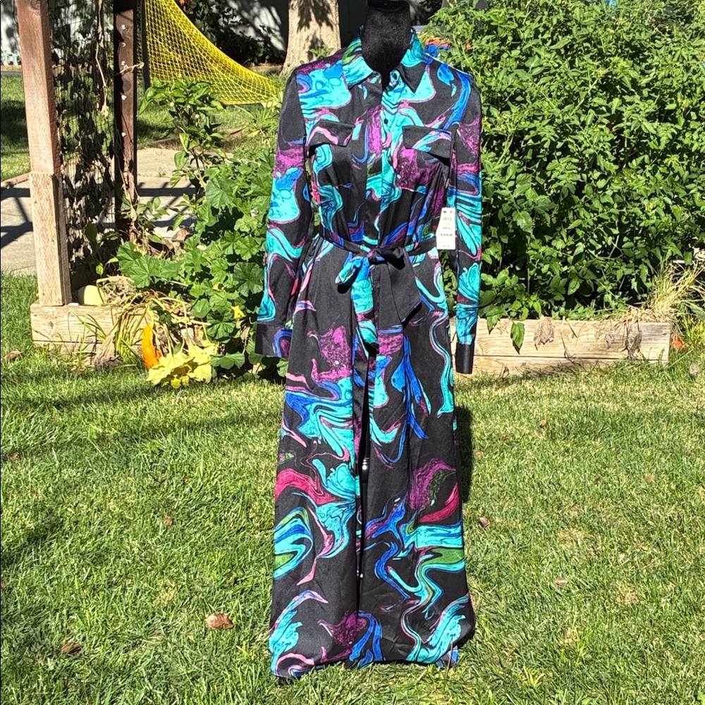 INC International Concepts Black and Blue Swirl Long Sleeve Dress